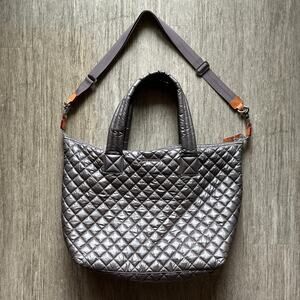 MZ Wallace Gray Large Sutton Quilted Zip Top Crossbody Shoulder Strap Tote Purse